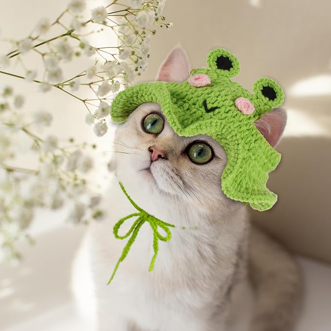 Frog Cat Hat, Cotton & Soft Cute Knitted Cat Hat Birthday Party Christmas Puppy Hats for Small Pets (Green, M)