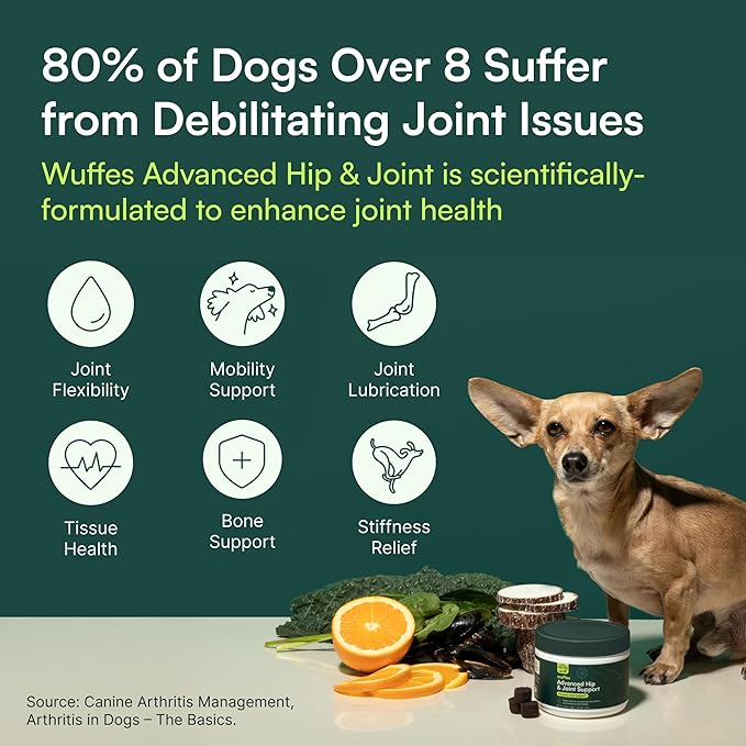 Wuffes Advanced Dog Hip and Joint Supplement with Glucosamine, Chondroitin, Omega 3, MSM, and Green Lipped Mussel, 120 Pork Flavored Chews for Small Dog Breeds
