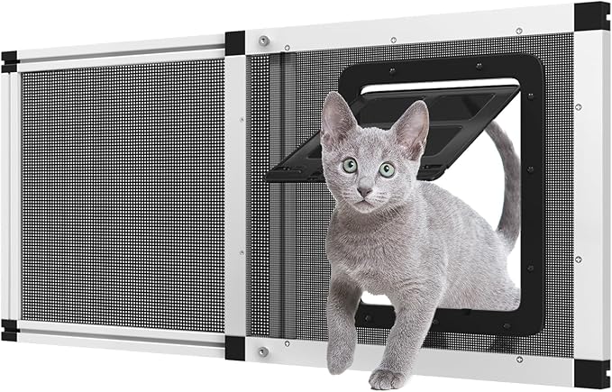 Ventilated Pet Door for Window, Fits 22"-28.5" Width Window, 2-Min Install | Aluminum Frame + Stainless Steel Mesh | Breathable Bug-Proof | Magnetic Closure Window Cat Door, Cat Door for Window Insert
