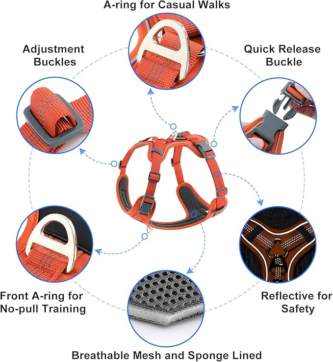 Plutus Pet No Pull Dog Harness, Release at Neck, Soft Padded, Reflective Adjustable Dog Vest Harness for Small, Medium, Large Dogs(Orange, L)