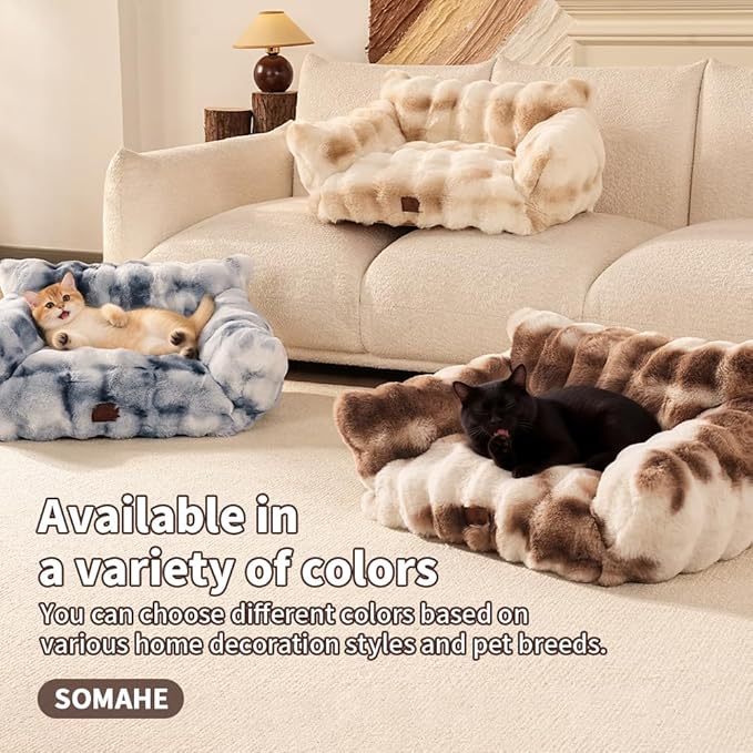 Cat Bed for Indoor Cats Dog Couch Cat Couch Bed Washable Dog Beds for Small Dogs & Cats with Removable Cover, Fluffy Pets Couch with Non-Slip Bottom 24"X18"X10"Beige
