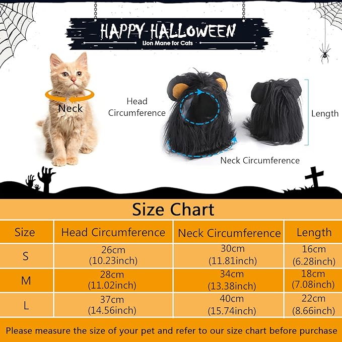 Cat Halloween Costumes- Black Lion Mane Wig Pet Costumes Hat for Halloween Christmas Dress Up Accessories Decoration for Kitten Cats,Size M