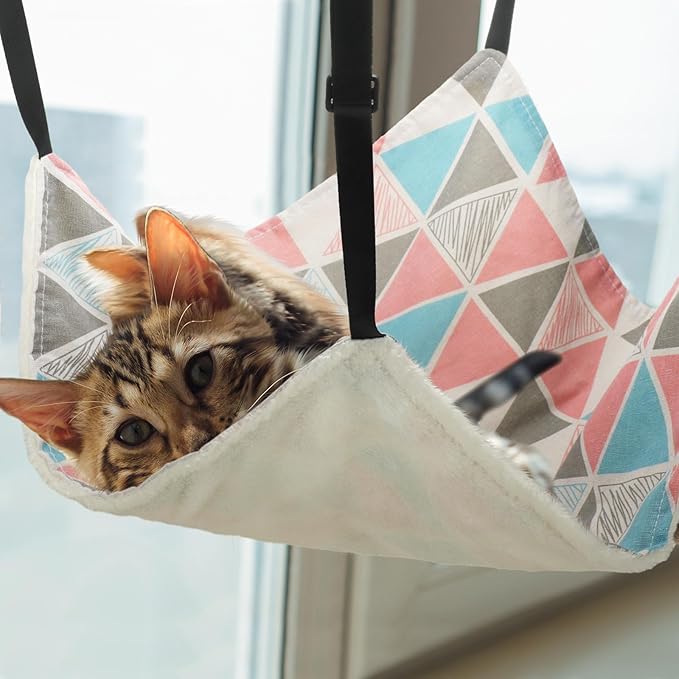 Jetec 2 Pack Cat Hammock for Cage, Catio Accessories Reversible Soft Cats Bed with Adjustable Straps and Hooks Double-Sided Linen and Fleece Hanging Hammock for Cats, Kitten(Geometry Pattern,M)