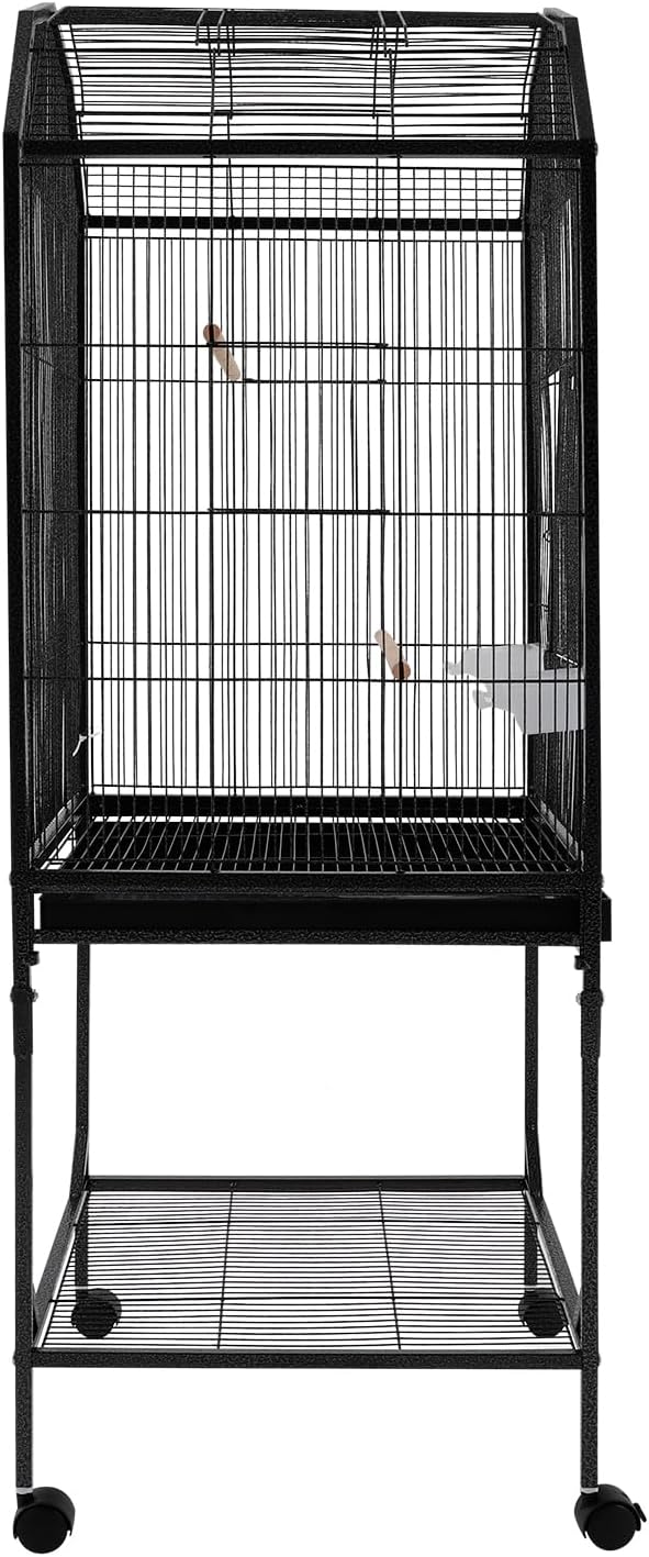 54 Inch 2-Tier Big Bird Cage with Food & Water Bowls Parakeet Bird Cage with Stand, Wheels Metal Birdcage Parrot Cage for Parakeet, Lovebirds, Ringneck, Cockatiels (Black, 2 Tier-Open Top)