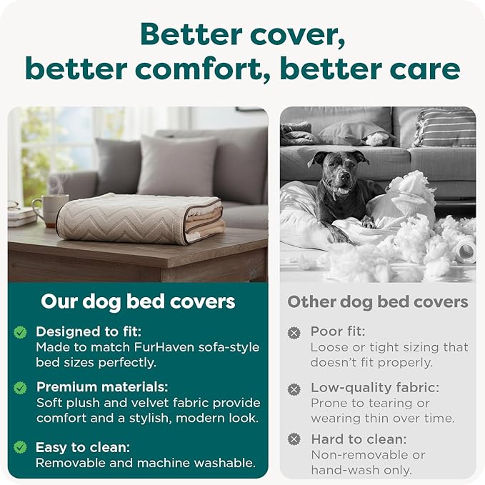 FurHaven Dog Bed Cover Replacement, Sofa-Style Design with Soft, Breathable Fabric for Cozy Comfort, Machine Washable, Jumbo XL, Plush & Velvet Waves, Brownstone