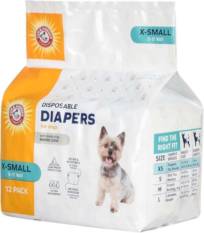 Arm & Hammer for Pets for Pets Female Dog Diapers, Size X-Small | Ultra-Absorbent, Adjustable Girl Dog Diapers with Leak-Proof Protection and Wetness Indicator (Pack of 6,72 Count Total)