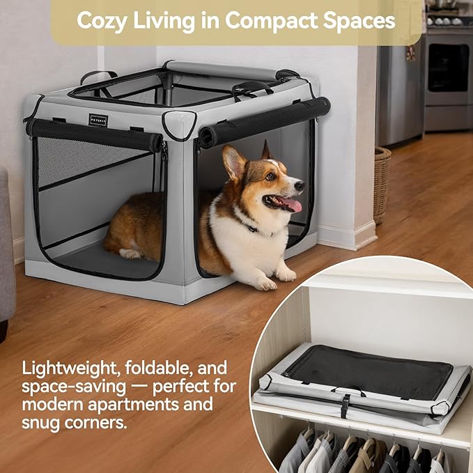 PETSFIT Portable Dog Crate for Large Dogs, – 40" Soft Dog Travel Crates with Lockable Zippers & Thicken Mat, Adjustable Patented Spiral Steel Frame, Collapsible Kennel for Indoor & Outdoor
