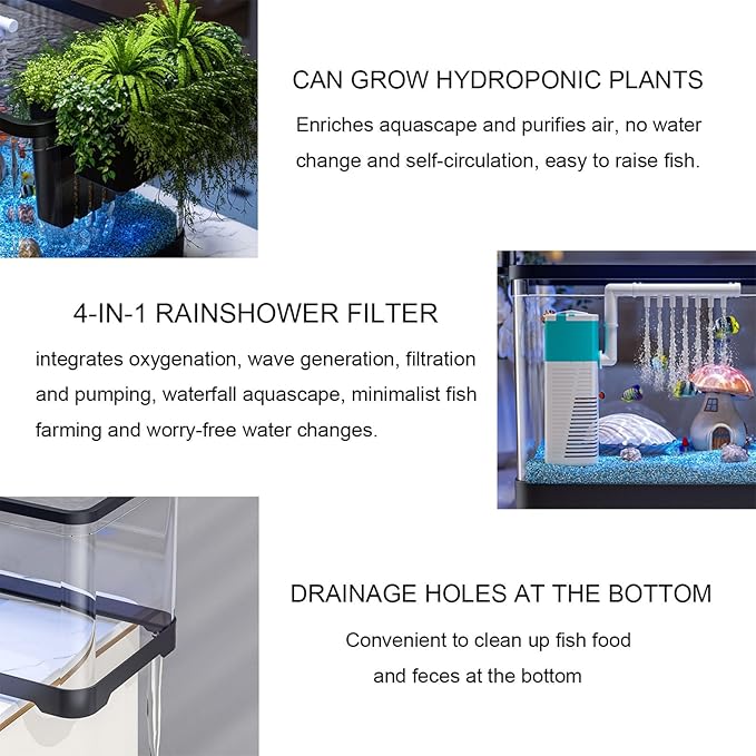 Fish Tank Aquarium Kit,Turtle Tank Kit with 3-in-1 Silent Water Pump Filter System, Self Cleaning Aquarium Starter Kit with LED Light Suitable for Small Fish Or Shrimp,Bottom Drainage(Medium)
