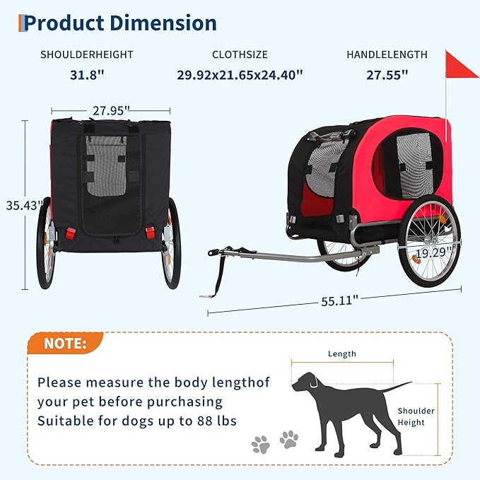 Bicycle Dog Carrier - 88Lbs Capacity Pet Bike Trailer with 19" Air Tires,Foldable Dog Trailer for Bike | with 600d Durable Waterproof Oxford Cloth | Universal Coupler | for Medium/Large Pets