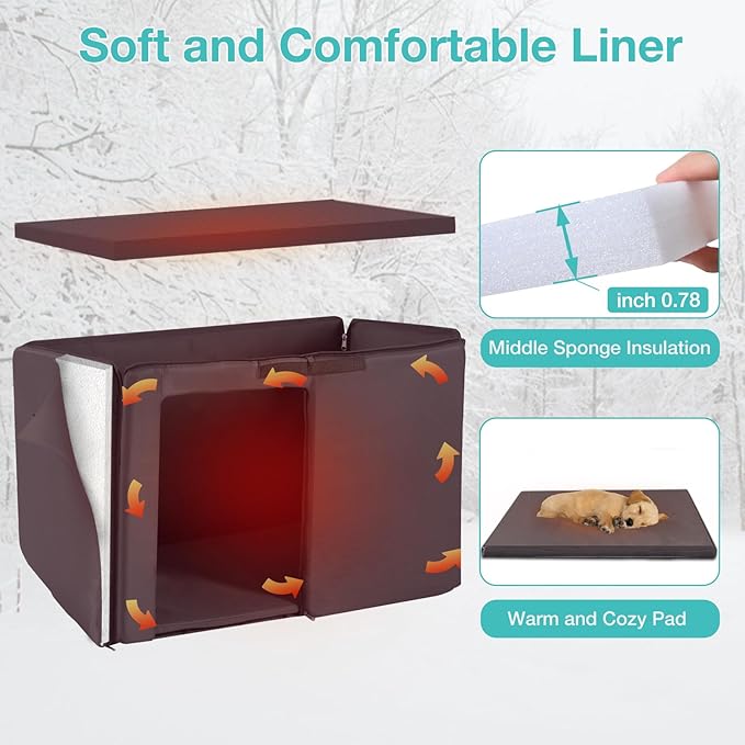 Feral Dog Heated House Outdoor,Anti Bite Iron Frame Dog Kennel,Wood Warm Pets Home,Insulated Weatherproof Outside Shelter for Feral Animal (43.3" (L) x 29.4" (W) x 33.4" (H)-Brown-in)