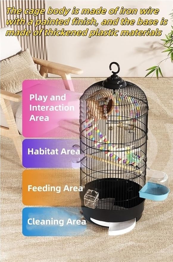 Bird Cage with Wire Mesh, Round Iron Bird Cage, Indoor Parrot Cage, for Small Parrots Parakeets Cockatiels(White)