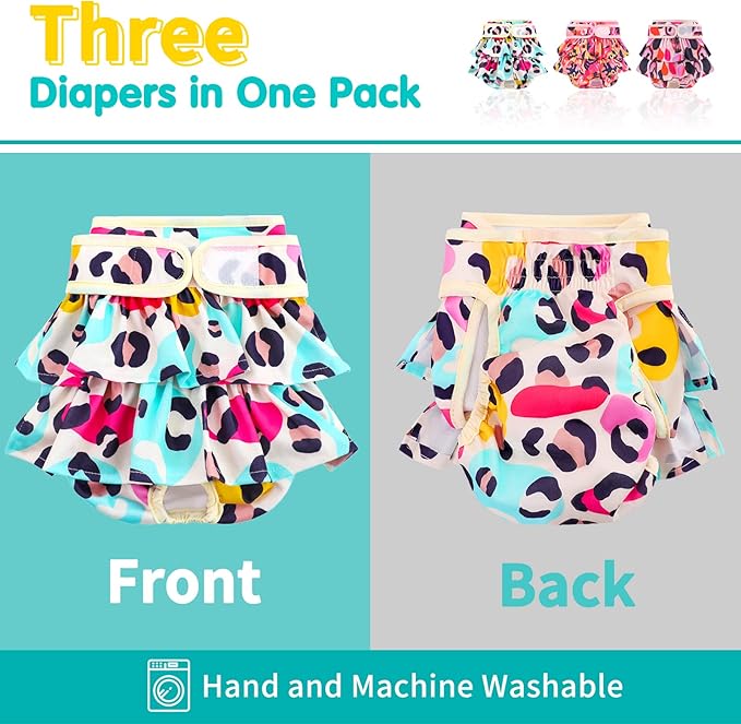 Washable Dog Diapers Female 3 Pack Reusable Premium Highly Absorbent Doggie Diapers, Flexible Puppy Diapers, Durable Leak-Proof Leopard Dog Diapers for Period Heat Incontinence Puppy Training, S