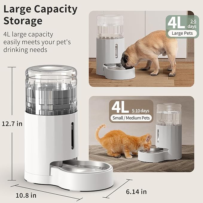 Cat Water Dispenser with Filter and Stainless Steel Bowl, Automatic Gravity Water Dispenser for Cats or Small Medium Size Dogs, Large Capacity, Easy to Clean and Safe for Pets (4L White)