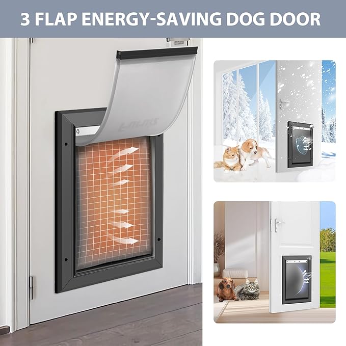 [Petoasis] 3-Flaps Heavy-Duty Dog Door, Rust Proof Aluminum Alloy Frame, Extreme Weather Dog Door Can Block Wind, Snow, and Rainwater Intrusion (Black, XLarge for Door)