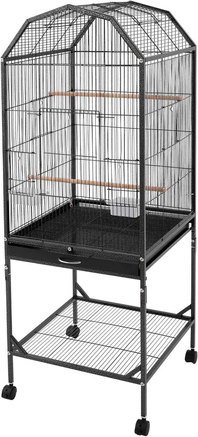 54 Inch 2-Tier Big Bird Cage with Food & Water Bowls Parakeet Bird Cage with Stand, Wheels Metal Birdcage Parrot Cage for Parakeet, Lovebirds, Ringneck, Cockatiels (Black, 2 Tier-Open Top)