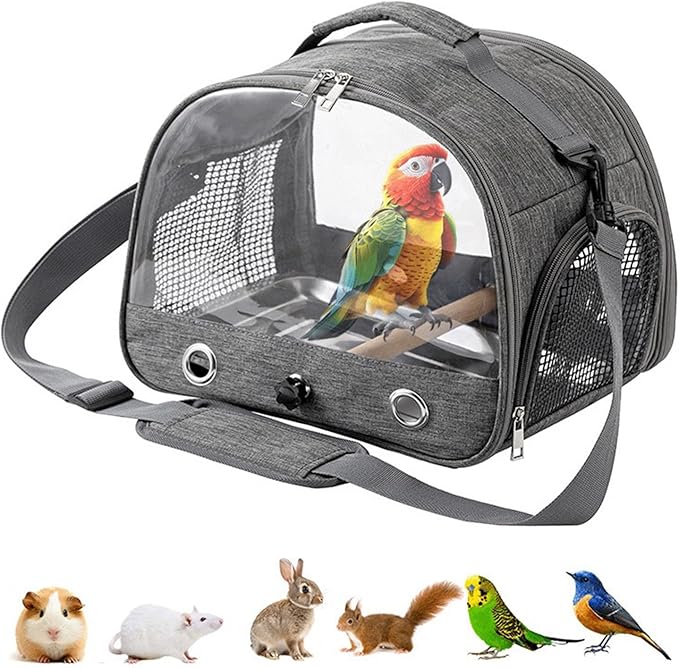 Portable Bird Cage Bird Carriers Foldable Panoramic View with Perch Removable Tray for Parrot Hamster Hedgehog Rabbit Sugar Glider (Light Red)