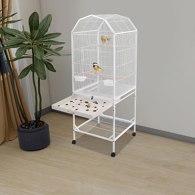 Large Bird Cage, Movable Pet Bird Flight Cages with Wheels, Wooden Perches, Slide-Out Tray, Panorama Bird Aviary with Stand 18.11x18.11x53.54in for Parrot, Sparrow, Budgerigars (White Style1)