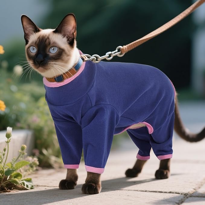 DENTRUN Cat Clothes for Hair Control with Hair Sticky Fabric - Soft Recovery Suit & Breathable Lint-Resistant Cat Sweater for Cats Only, Kitten Onesie Pajamas, L, Blue
