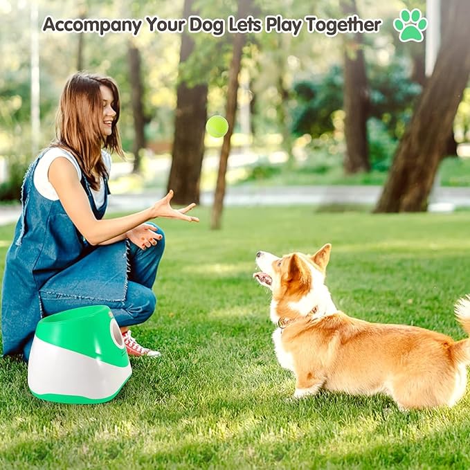 Automatic Dog Ball Launcher, Dog Ball Thrower with 15 Mini Tennis Balls Sizing 2 Inch and Mesh Bag, Interactive Dog Toys Tennis Ball Launcher for Small Dogs with 3 Distance Settings