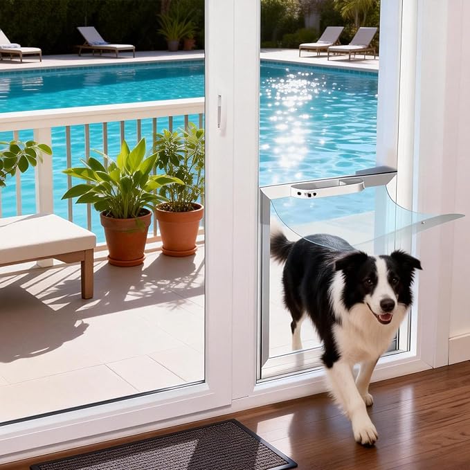 Anti-Shatter Dog Door for Sliding Glass Door,White Sliding Glass Dog Door Insert with Adjustable Height 76.8" to 82.7", No-Cut DIY Installation,Aluminum Frame & Secure Lock for Large Dogs