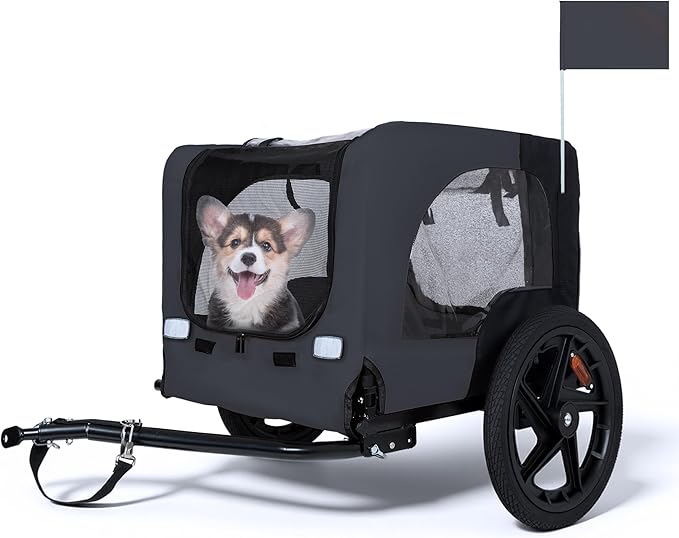 Heavy-Duty Dog Bike Trailer & Collapsible Pet Carrier for Bike with 16-Inch All-Terrain Wheels, Universal Hitch, Safety Flag & Weather-Resistant Design for Outdoor Adventures