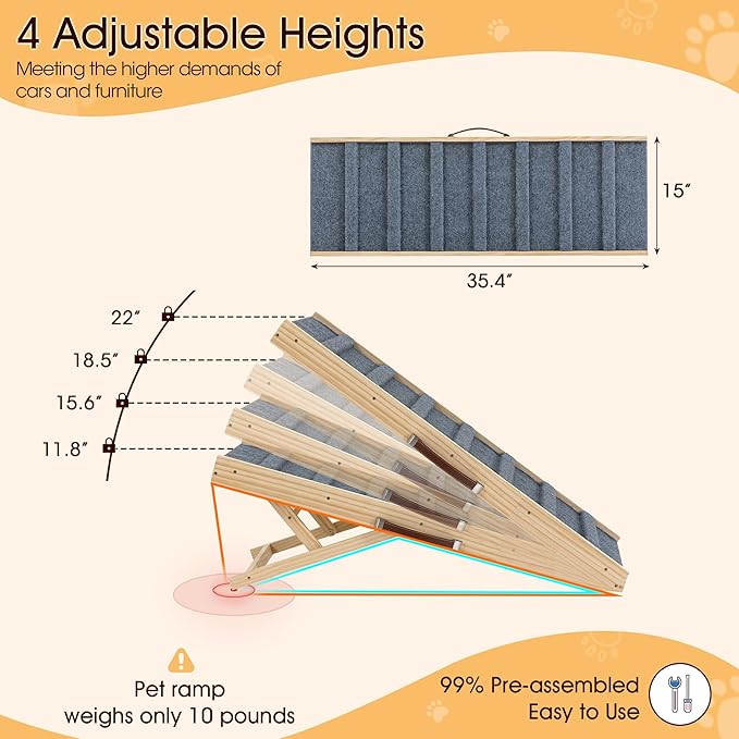 Dog Ramp for Bed, 35.4" Long Wooden Pet Ramp for Small & Large Dogs, 4 Adjustable Heights 11.8" to 22" with Anti-Slip Carpet & Carrying Handle Holds, Portable Dog ramps for Car, Bed, Couch, Outdoor