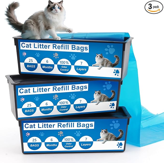 Cat Litter Refill Bags for Genie Easy Roll Bin, 7-Layer Odor Control, Leak-Proof & Easy-Tear, Unscented,Cat Genie Easy Roll Refill Bags-3 Pack(75 Bags Total)