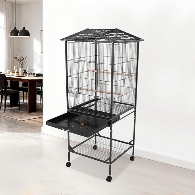 Large Bird Cage, Movable Pet Bird Flight Cages with Wheels 4 Feed Windows Slide-Out Tray, Panorama Bird Aviary 18.11x18.11x49.21in for Parrot, Parakeets, Budgerigars(Black Style1)