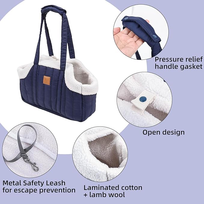 Winter Fleece Warm Dog Tote Bag, 2024 New Small Dog Carrier Purse, Waterproof Pet Travel Handbag, Carrier Purse with Secure Harness Clip for Shopping, Hiking and Walking (Grey)