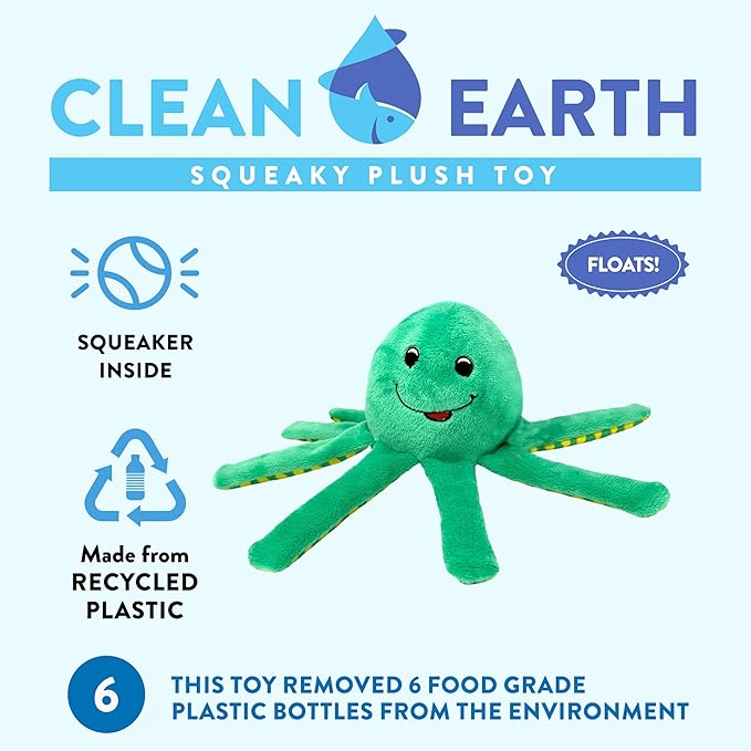 Spunky pup Clean Earth Plush Octopus | Made from 100% Recycled Water Bottles | Large, Green (7208)