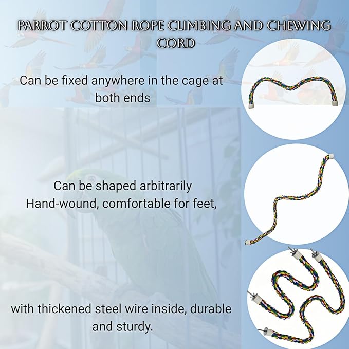 Bird Rope Perches, Parrot Toys, Bungee Rope Perches for Parrots, Cockatiels, Parakeets, Budgie Cages Comfy Birds (Metal Nut) - 48.03 inches