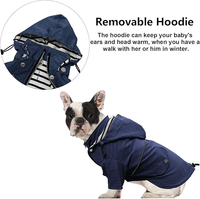 Dog Zip Up Raincoat with Reflective Buttons, Rain/Water Resistant, Adjustable Drawstring, Removable Hood, Raincoats with Legs 8lbs to 80lbs Available - Dark Blue - Small