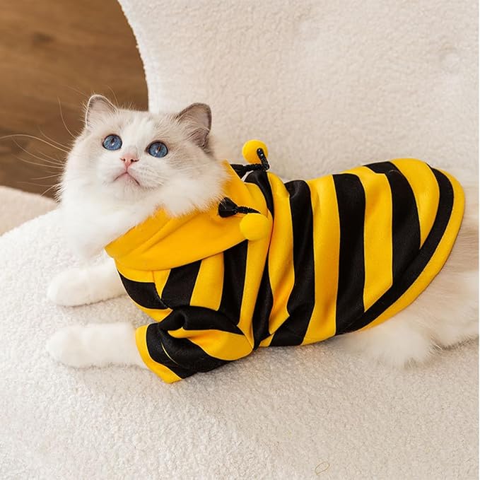 DENTRUN Sphynx Hairless Cats Costume Funny Bee Warm Winter Sweater Cute Pullover Kitten Shirts Breathable Cat Leisure Wear Turtleneck Vest Adorable Cat's Clothes Jacket Pajamas Jumpsuit, XS