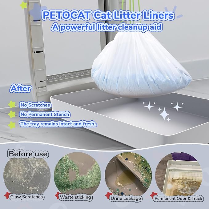 Litter Box Liners Compatible with Pet Scoop free Self-Cleaning Box 30 Count Drawstring Cat Litter Waste Bags for Reusable Tray - Disposable Tray Refills, Tear-resistant - Leak-proof Cat Poop Bags