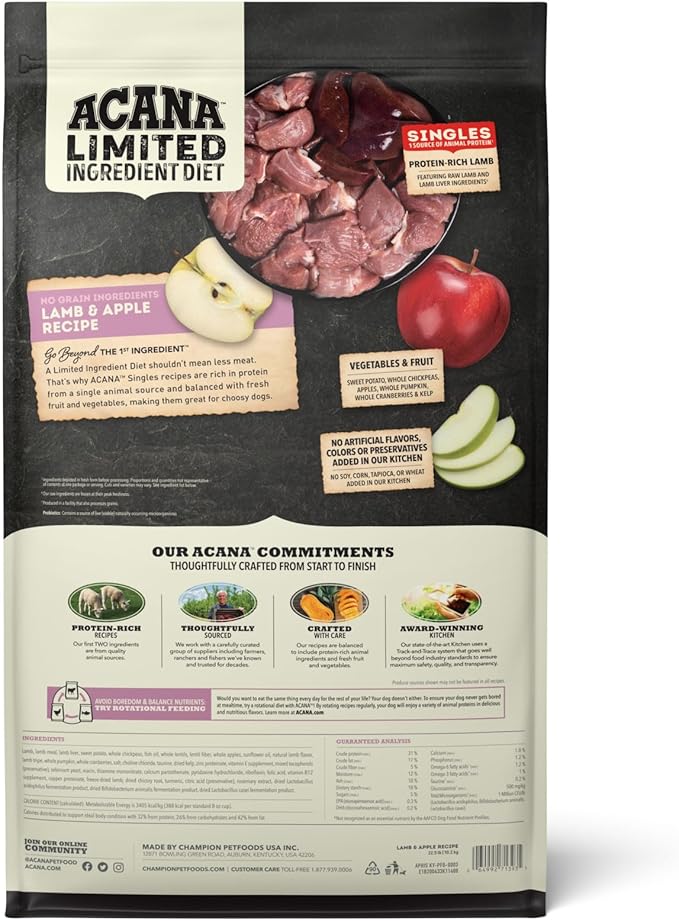 ACANA Singles Limited Ingredient Grain Free High Protein Dry Dog Food Lamb & Apple Recipe 22.5lb Bag