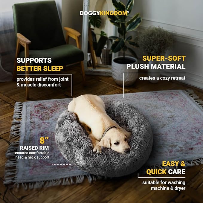 Calming Round Donut Dog Bed Pillow, Washable, Anti Anxiety, Anti-Slip, Cozy Soft Cuddler Comfort Bed with Fluffy Plush Faux Fur for Large Medium Small Sized Dog - Beige, L 35 inch