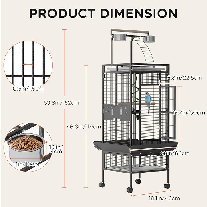 Large Bird Cage 60-inch Playtop Metal Bird Cages with Rolling Stands, Feed Bowls for Parakeets, Conures, Parrot Cage for Medium Large Parrot Cage with Slide-Out Tray Seed Guard, Black