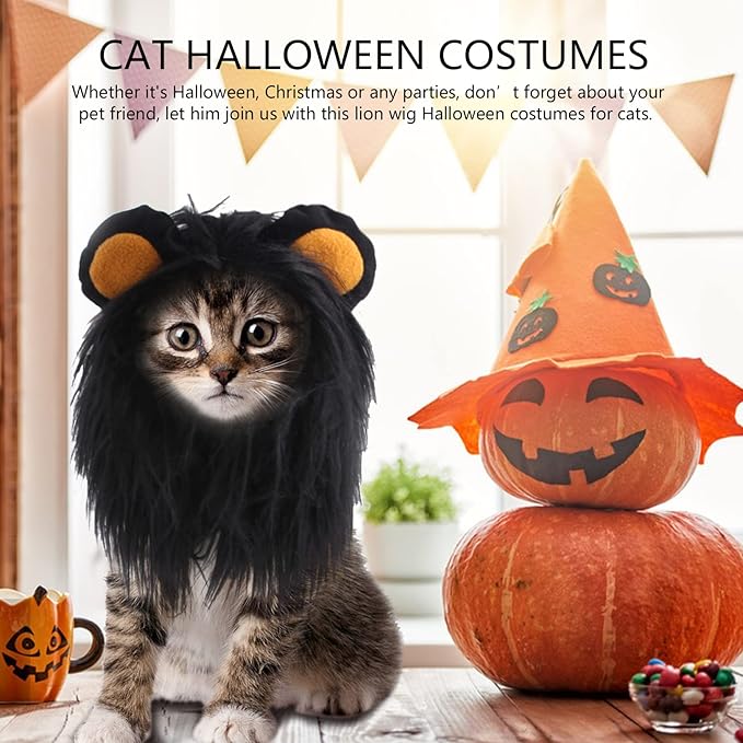 Cat Halloween Costumes- Black Lion Mane Wig Pet Costumes Hat for Halloween Christmas Dress Up Accessories Decoration for Kitten Cats, Size S