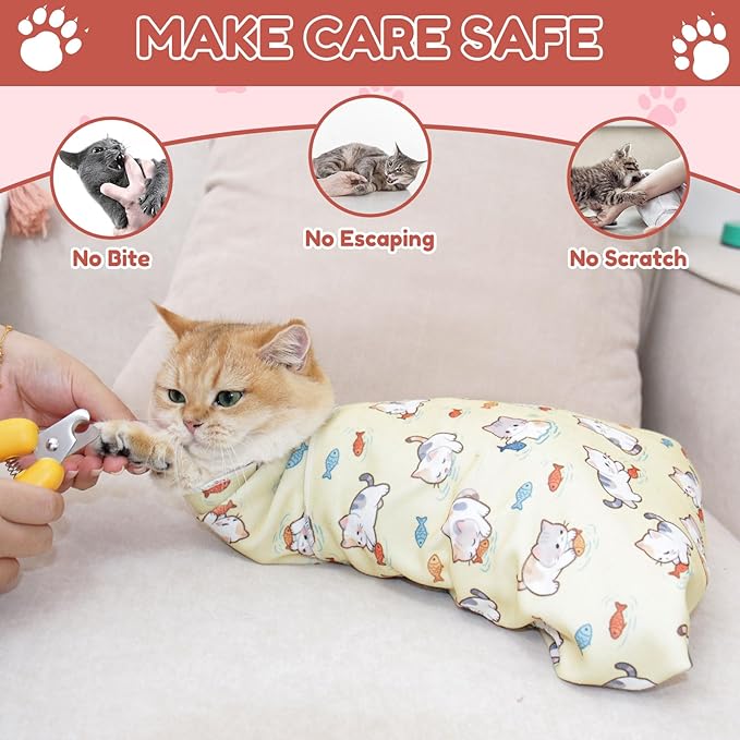 33.5" Cat Grooming Wrap,cat wrap for Cutting Nails,Self-Adhesive cat Swaddle wrap cat Restraint cat wrap Blanket for Medicine, Nail Clipping, Teeth Brushing,Yellow Kitten(Within 22lbs)