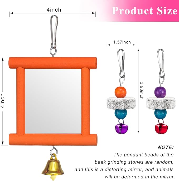 Sumind 2 Pieces Chicken Mirror Toys Hanging Swing Mirror with Bell Wooden Pecking Toy and 4 Pieces Beak Grinding Molar Stones for Hens Birds Parrots(Green,Orange)