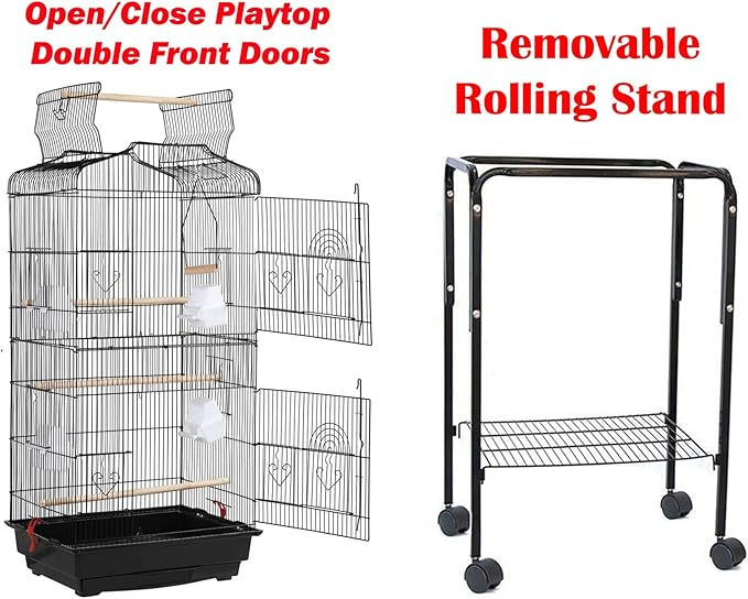 66-Inch Open/Close Play Perch Stand Top Flight Bird Side Nest Doors Cage for Cockatiel Quaker Parrot Sun Parakeet Green Cheek Conures Finches with Removable Rolling Stand