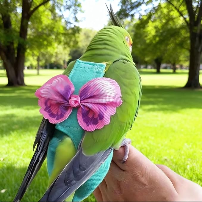 Escape-Proof Parrot Harness & Leash Set with Diaper - Adjustable Flight Suit with Bow & Safety Cord for Conures, African Grey, Parakeets, Doves (Pink-L)