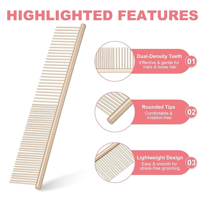 Dog Cat Comb, Pet Combs Stainless Steel Teeth with Rounded Ends for Knots Mats Loose Hair Removal, 6.5/7.5IN (Gold Coated, 2 Pack), Grooming Tool Intended for Long Curly Hair Pet