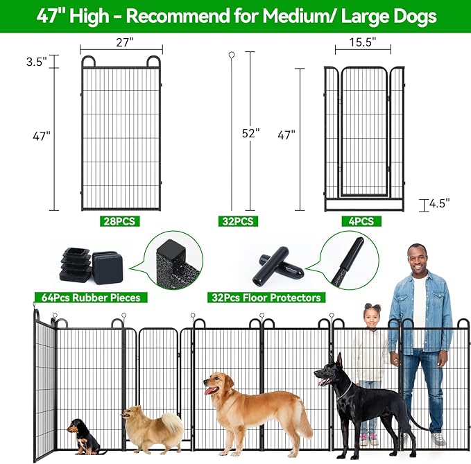 Dog Playpen Outdoor 32 Piece Panels Heavy Duty Dog Fence 47" Height Anti-Rust with Doors Portable for RV Camping Yard, Total 71FT, 406 Sq.ft, Snowy Black