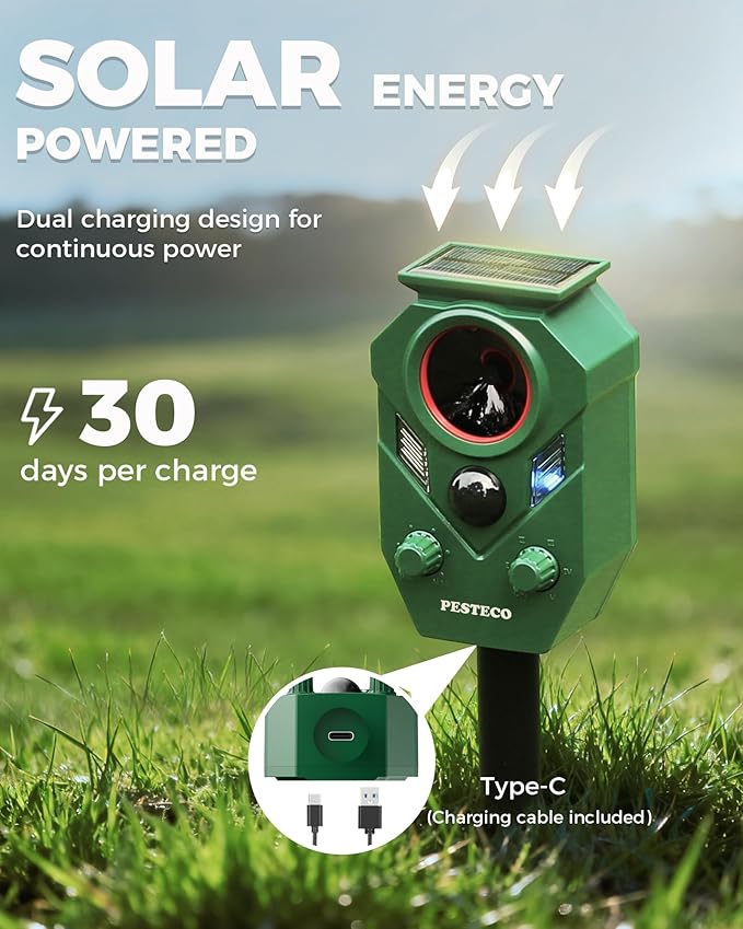 Solar Animal Repellent Outdoor, Ultrasonic Cat Repellent Outdoor, IP65 Waterproof Deer Repellent Deterrent Squirrel Racoon Skunk Rabbit, Dog Repellent for Yard Garden Lawn (2 Pack)