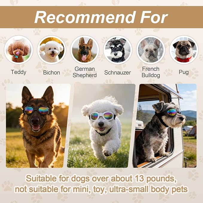 Dog Goggles Dog Sunglasses Adjustable Strap for Waterproof Windproof UV Protection Sunglasses for Pet, for Go Out Travel Skiing Swim (Black)