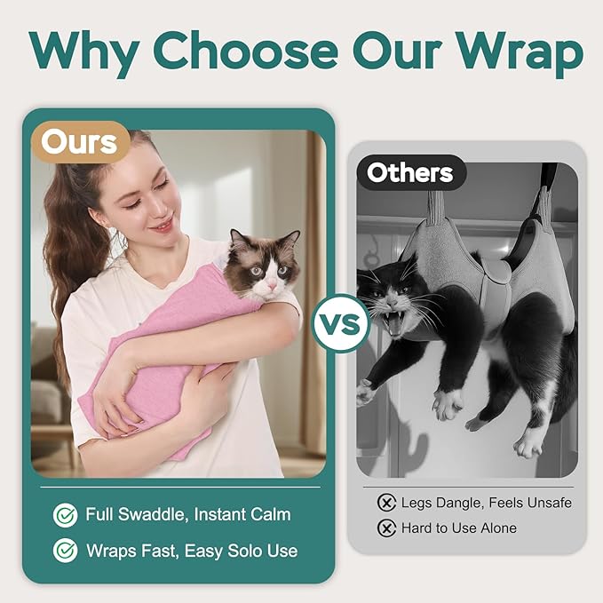 Self-Adhesive Cat Grooming Wrap, Cozy Cat Wrap for Cutting Nails, Breathable Anti-Scratch Cats Swaddle Bag for Brushing, Ear Cleaning, Dental Care, Medication, Injections,Pink L