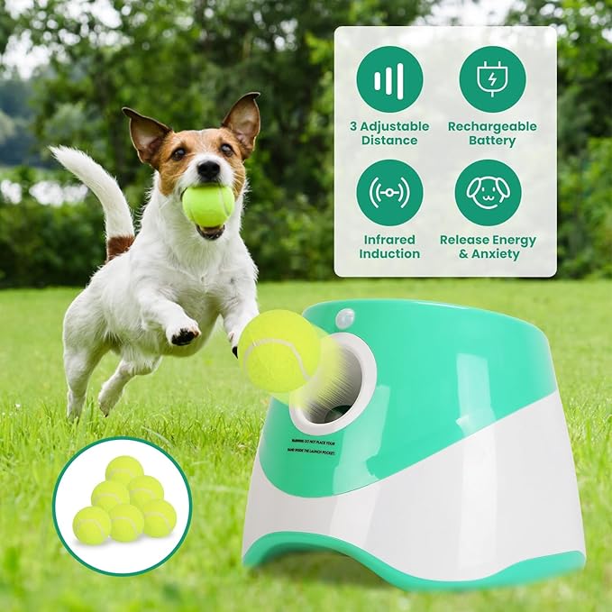 Automatic Dog Ball Launcher Tennis Ball Thrower Machine Interactive Fetch Machine Training Game Toy with 3 Adjustable Launch Distance for Small Medium Dogs Indoor & Outdoor
