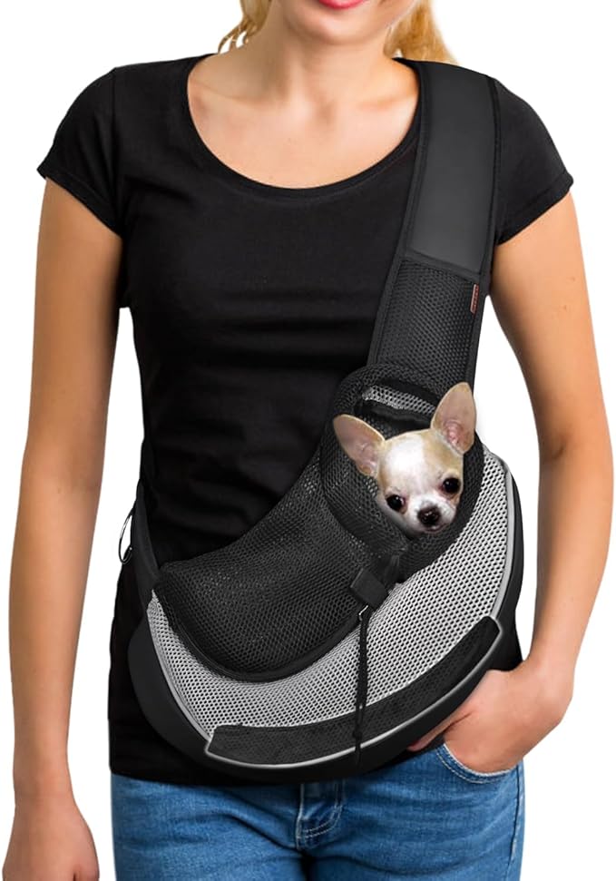 YUDODO Pet Sling Carrier for 2-5 lbs Small Dogs & Cats – Hands-Free Puppy Carrier with Safety Hook, Large Zipper Pocket, Soft Breathable Mesh, Adjustable Strap & Reflective Strip (Gray 3.0 S)