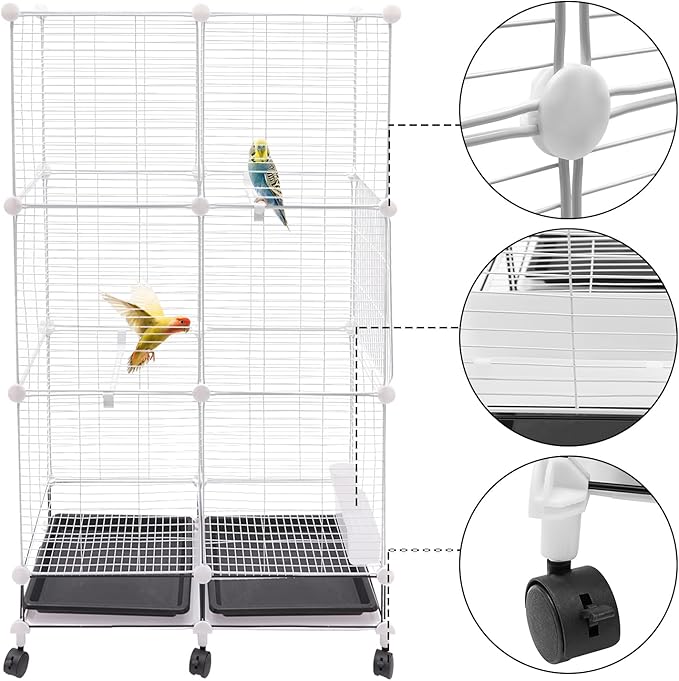 49 Inch 3-Tier Big Bird Cage with Food & Water Bowls Parakeet Bird Cage with Stand, Wheels Metal Birdcage Parrot Cage for Parakeet, Lovebirds, Ringneck, Cockatiels (White, 3-Tier-Roofless)